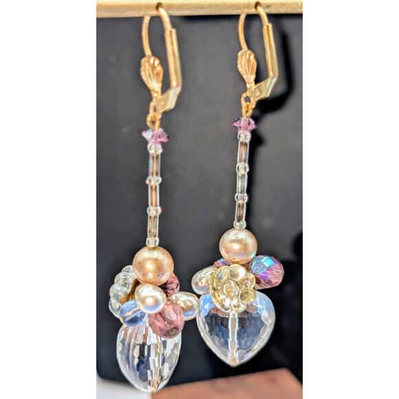 Crystal Faceted Heart Pearl Crystal Flower Beaded Gold Tone Lever Back Earrings - Picture 2 of 8